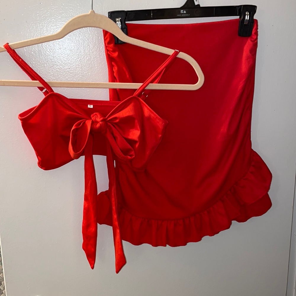 red two piece set with skirt